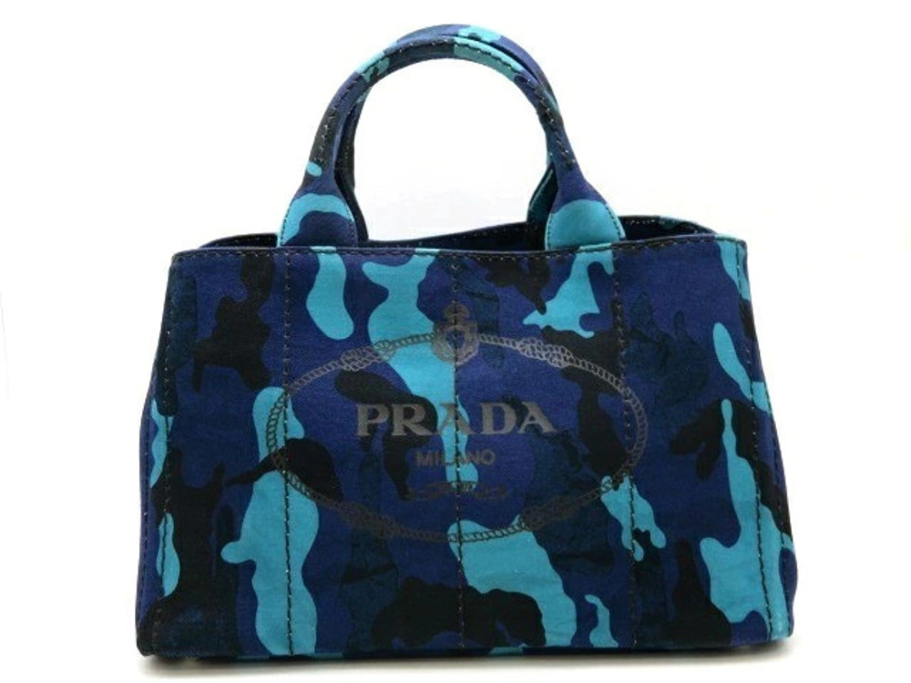 Prada Bag Handbag Canapa Canvas Royal Blue Black Camouflage